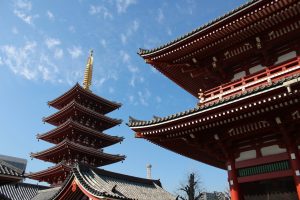 A striking view of the historic five-story pagoda at Sensoji Temple under a clear blue sky in Tokyo, Japan.